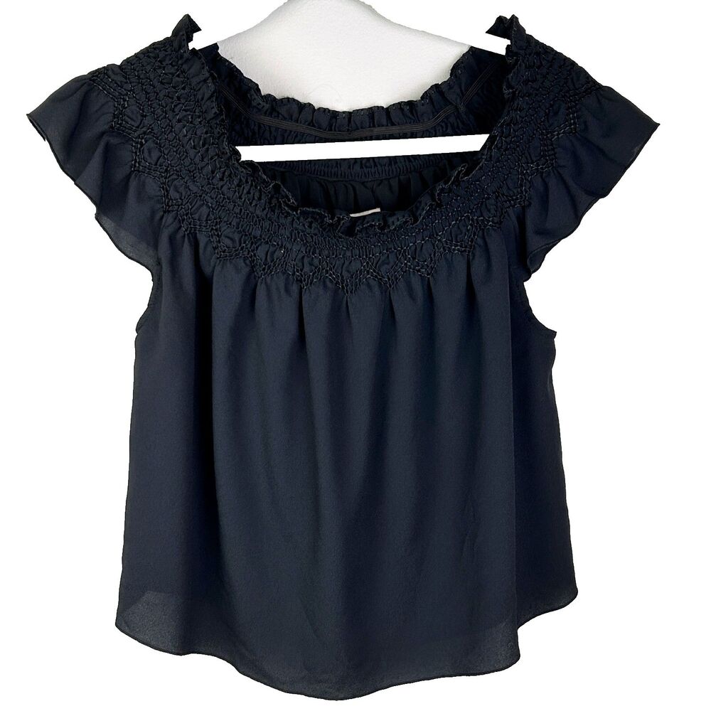 Lands’ End Off the Shoulder Ruched Ruffle Crop Top Black Embroidered Shirt 10